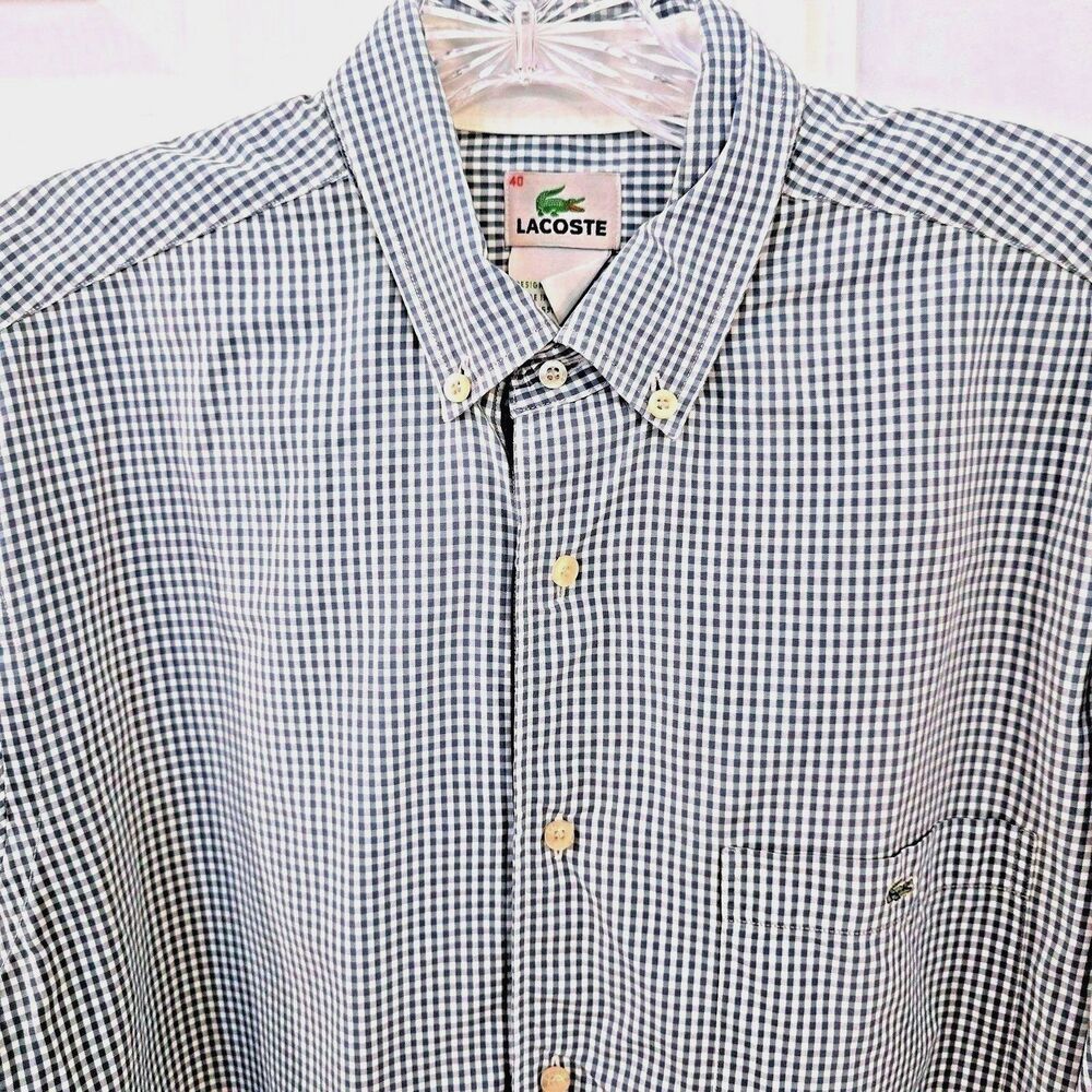 VTG 90s Lacoste Gingham Shirt Made in Hong Kong 40 M Blue White Check 22 P2P